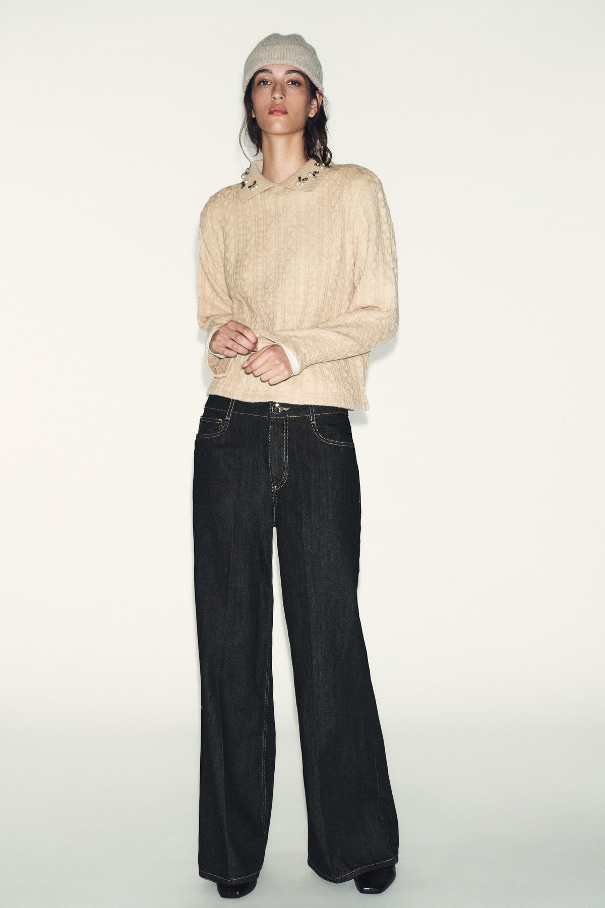 CABLE-KNIT JUMPER WITH JEWEL NECKLINE - Image 1