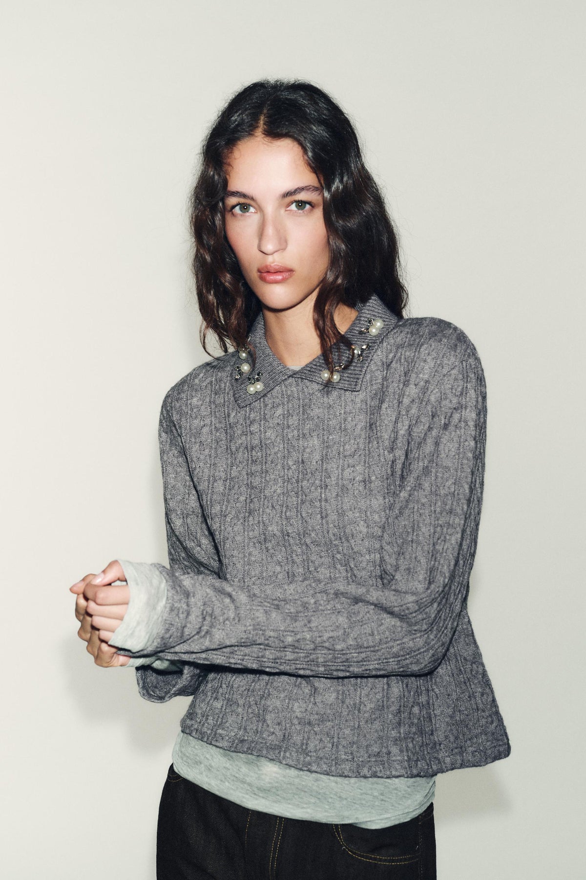 CABLE-KNIT JUMPER WITH JEWEL NECKLINE - Image 2