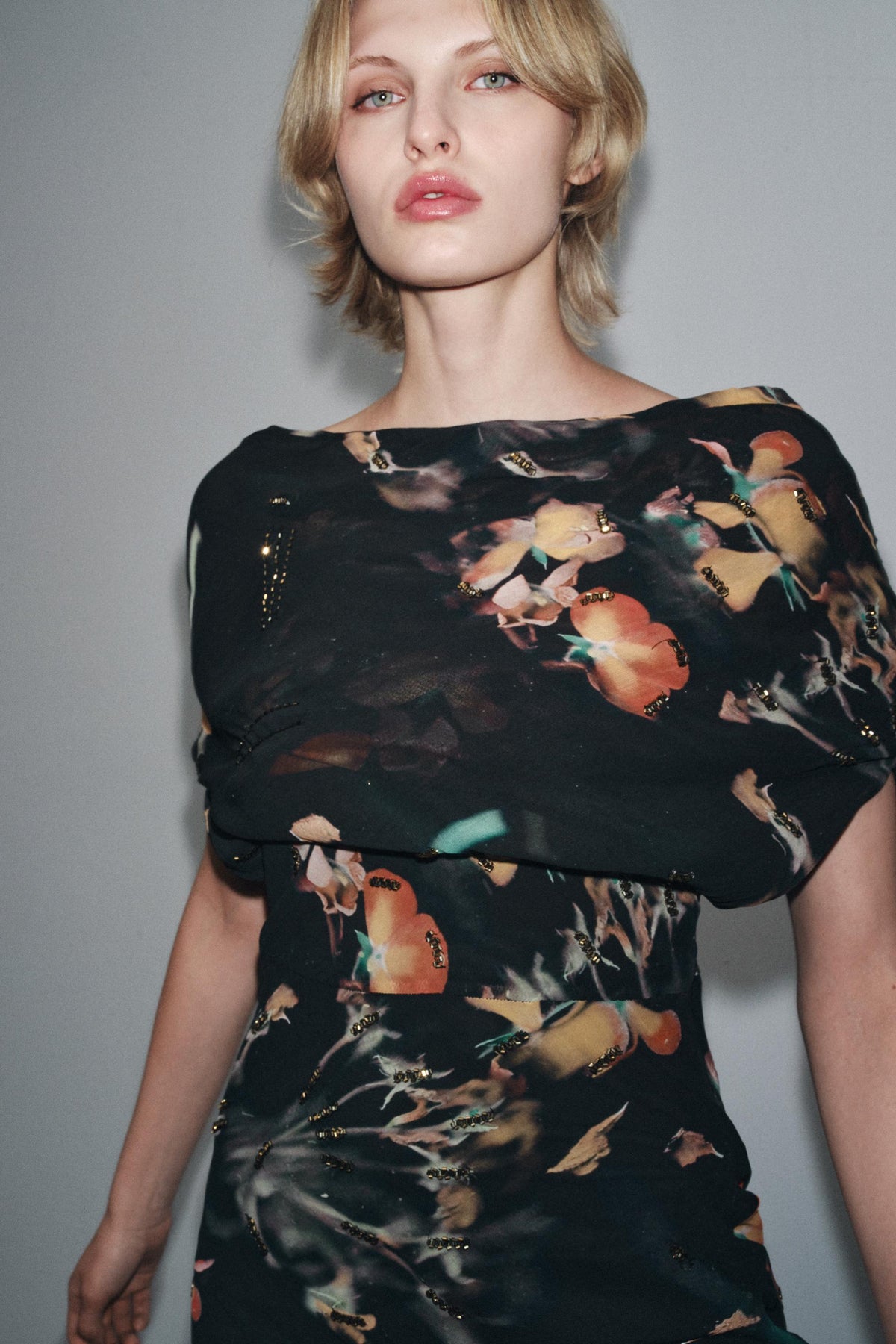 BEADED PRINTED DRESS