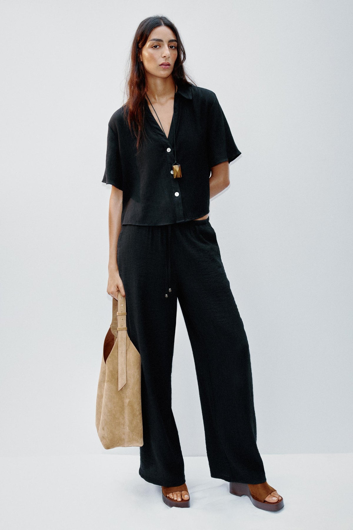 Wide-Leg Elastic Waistband Trousers