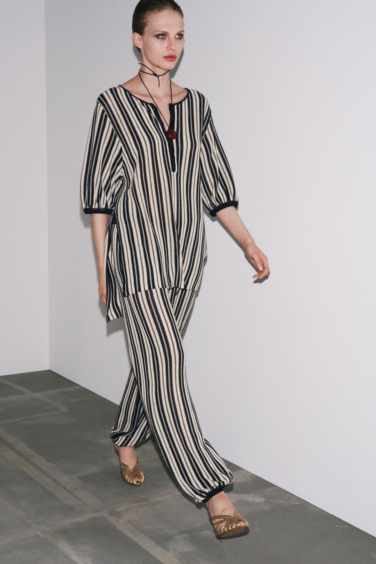 STRIPED CUFFED HEM LINEN BLEND TROUSERS - Image 1
