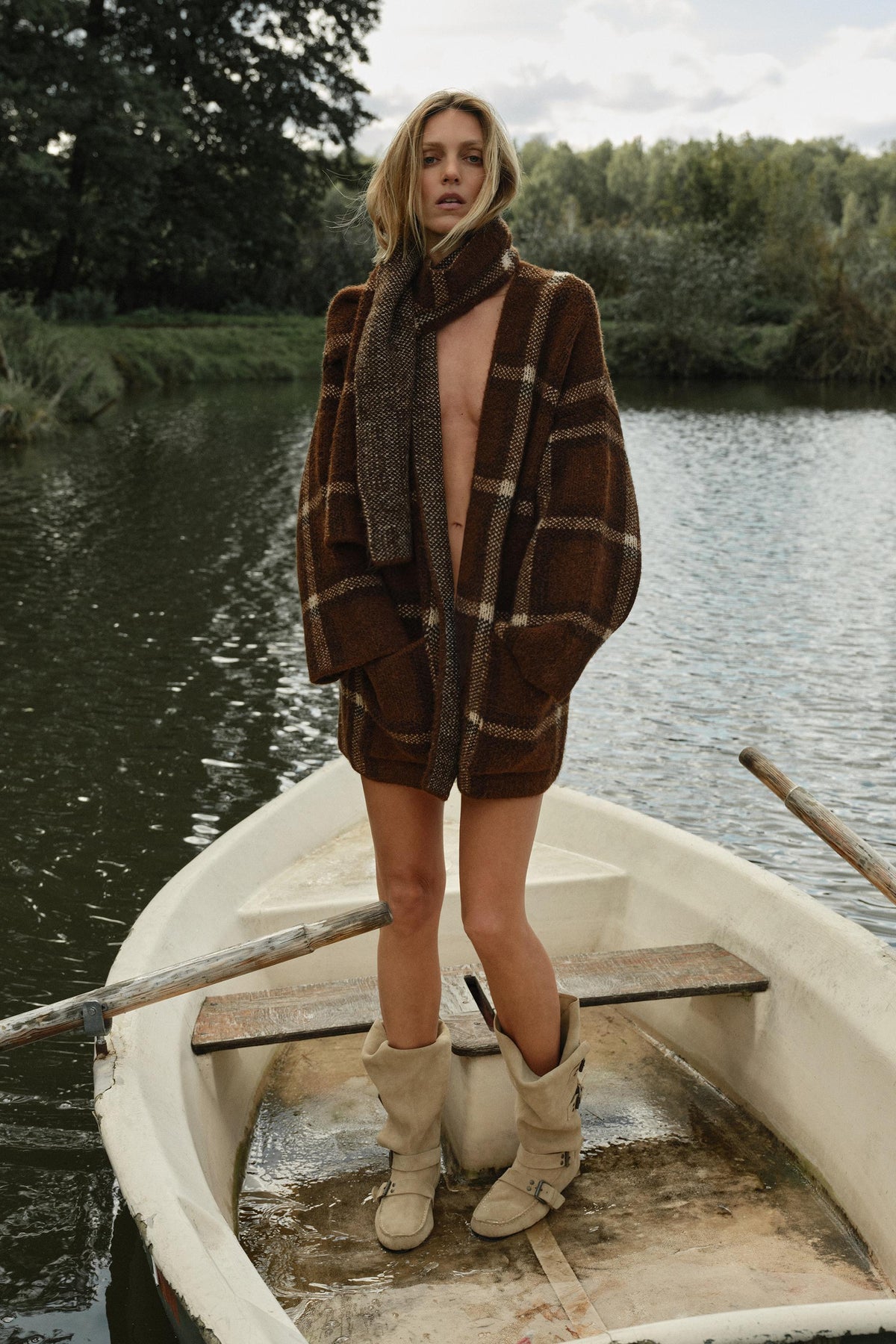 SHORT CHECK KNIT COAT WITH SCARF DETAIL - Image 1