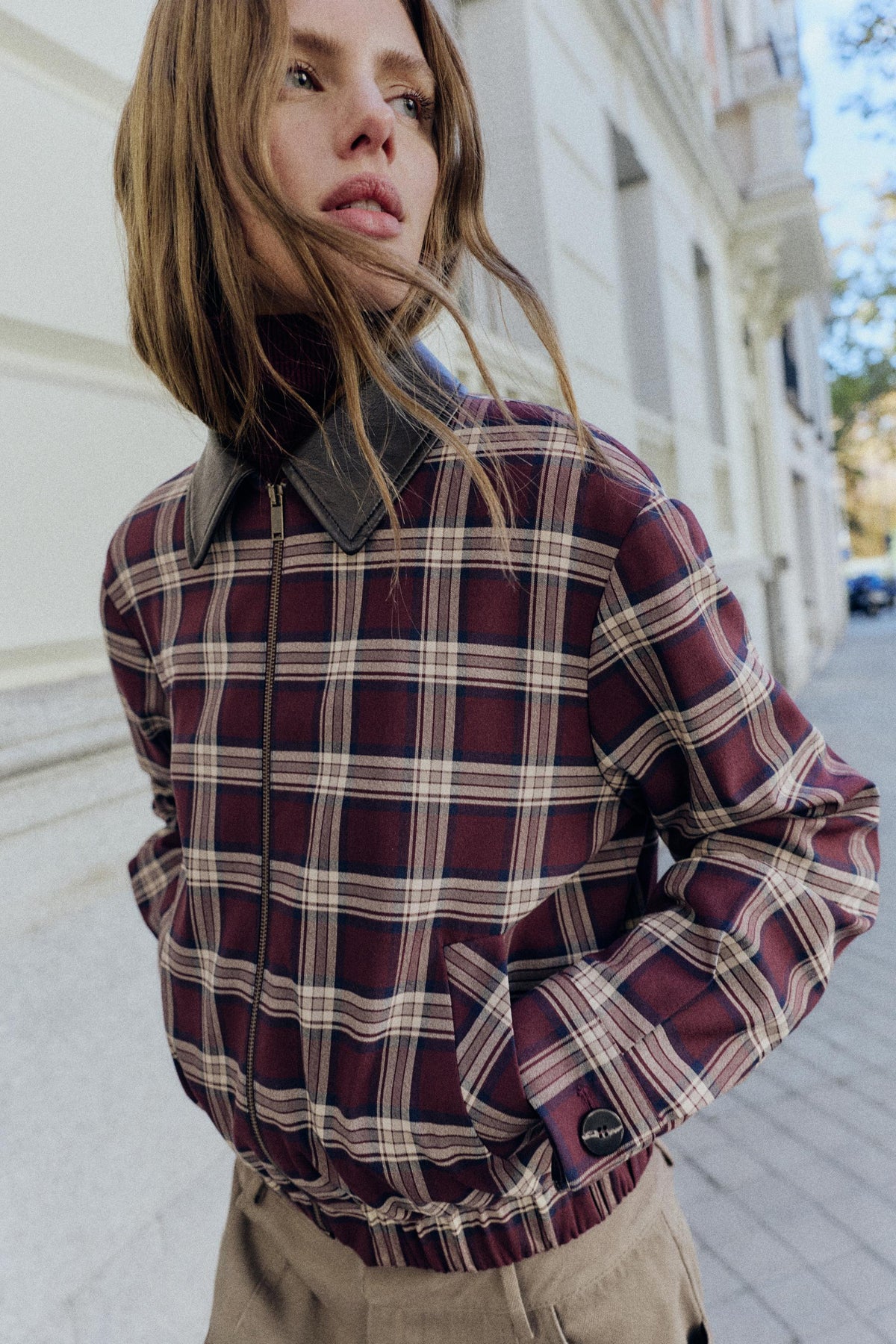 CHECKED BOMBER JACKET WITH leather effect LAPEL - Image 2