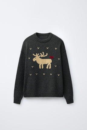WOOL KNIT JUMPER EMBROIDERED REINDEER HEARTS - Image 1