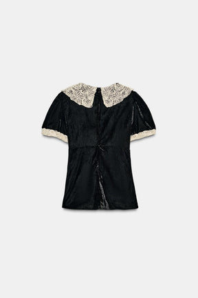 Velvet Crochet Bow Shirt