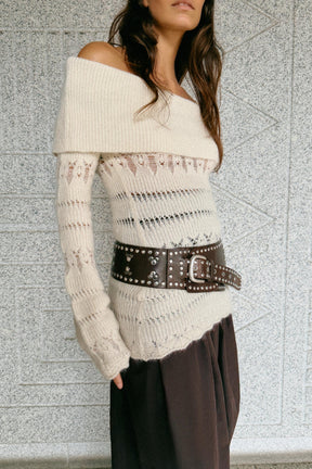 Off-shoulder openwork jumper