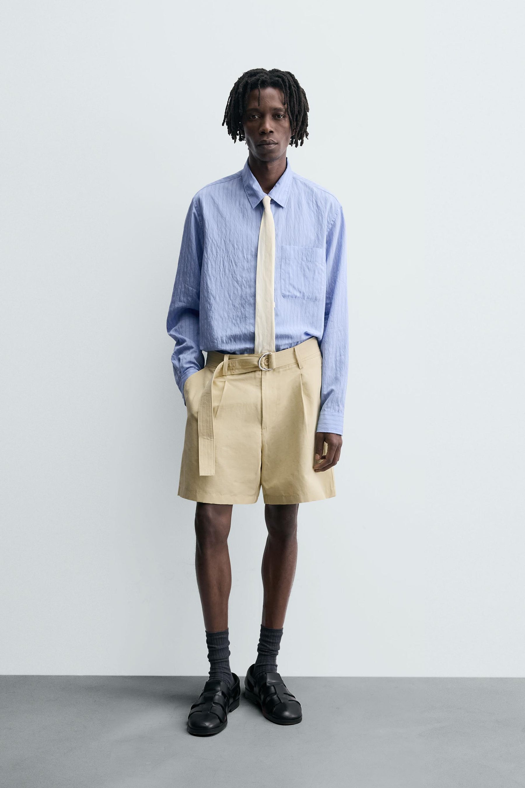 COTTON-LINEN BERMUDA SHORTS WITH BELT - Image 1