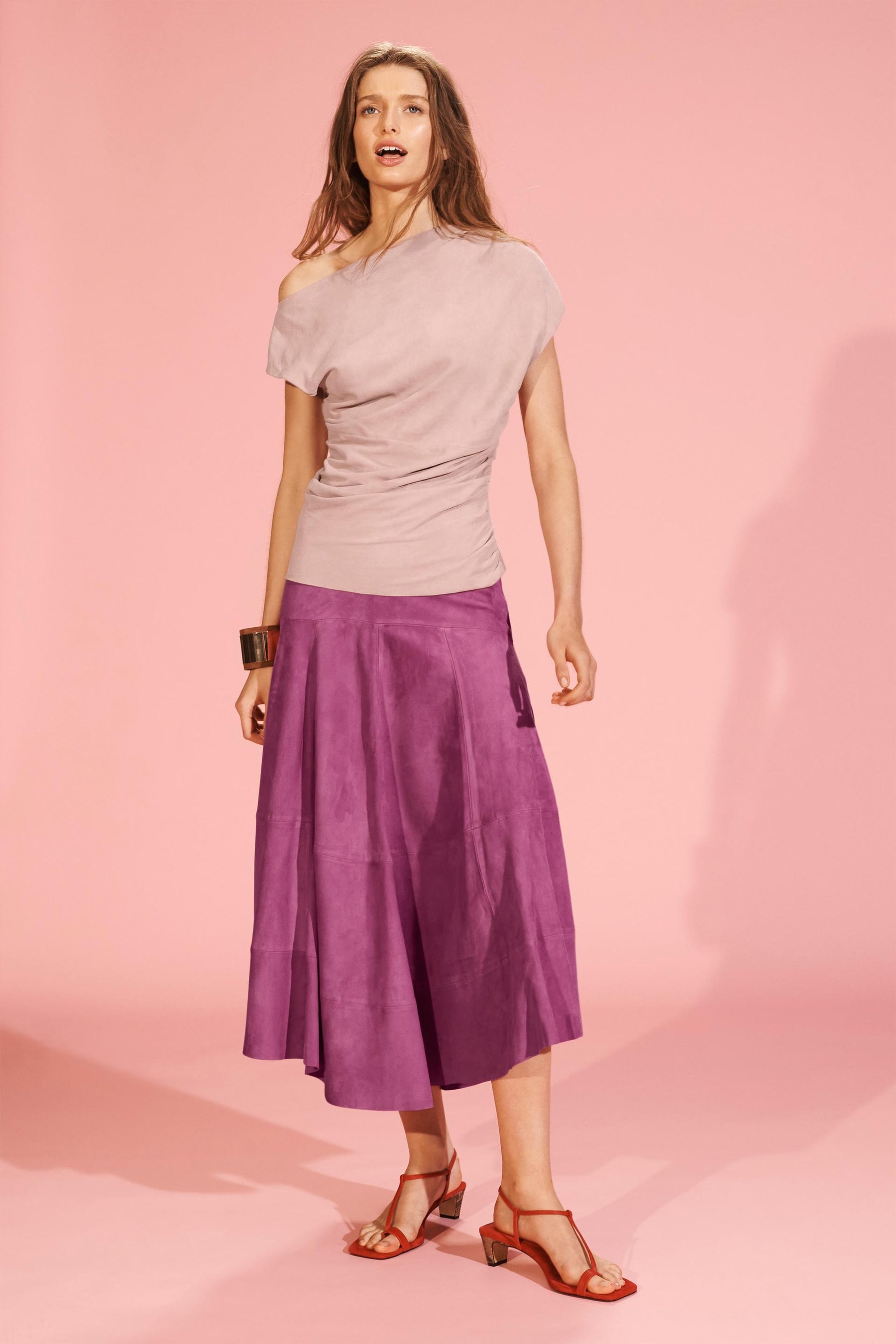 Suede Leather Midi Skirt