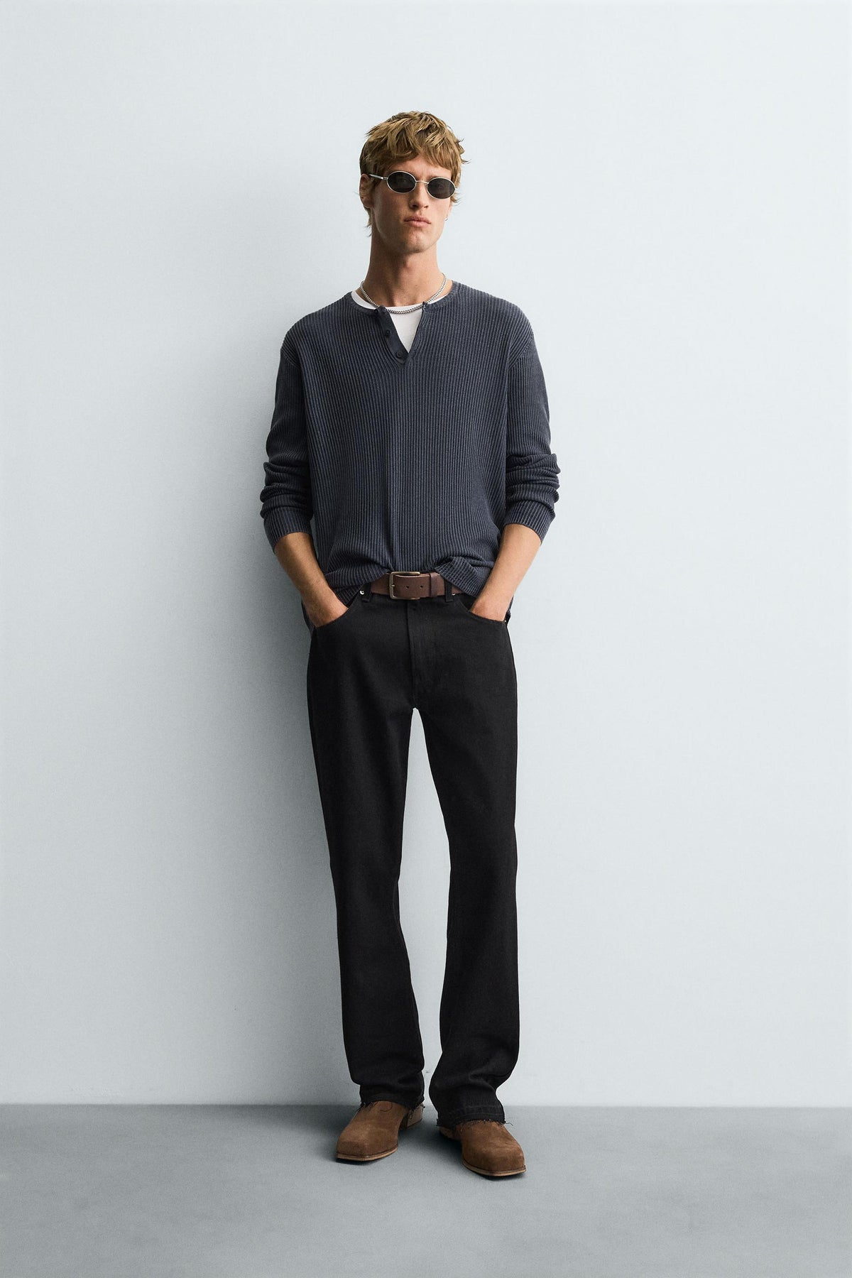 WASHED GRANDAD COLLAR JUMPER - Image 1