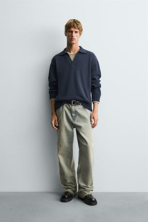 DISTRESSED KNIT POLO SHIRT - Image 1