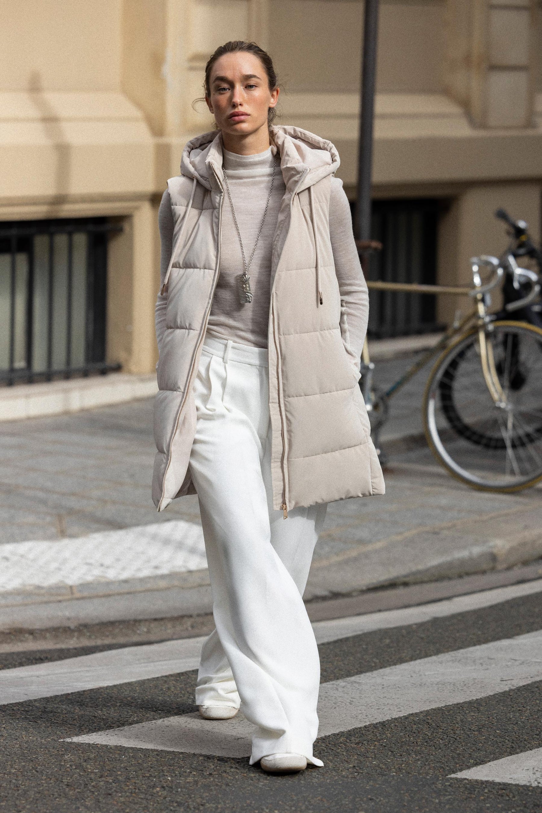 LONG QUILTED GILET WITH HOOD - Image 1
