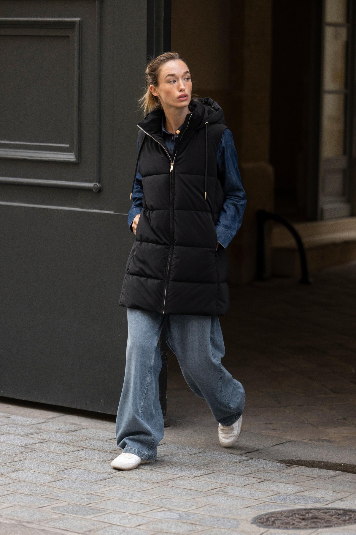 LONG QUILTED GILET WITH HOOD - Image 1