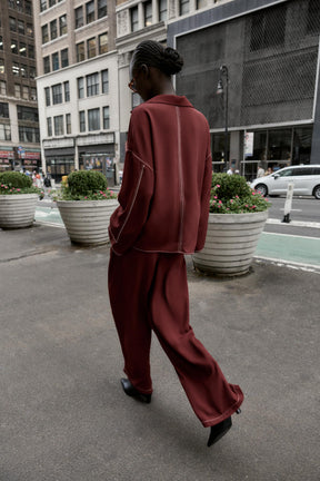 Contrast Topstitched Wide-Leg Trousers