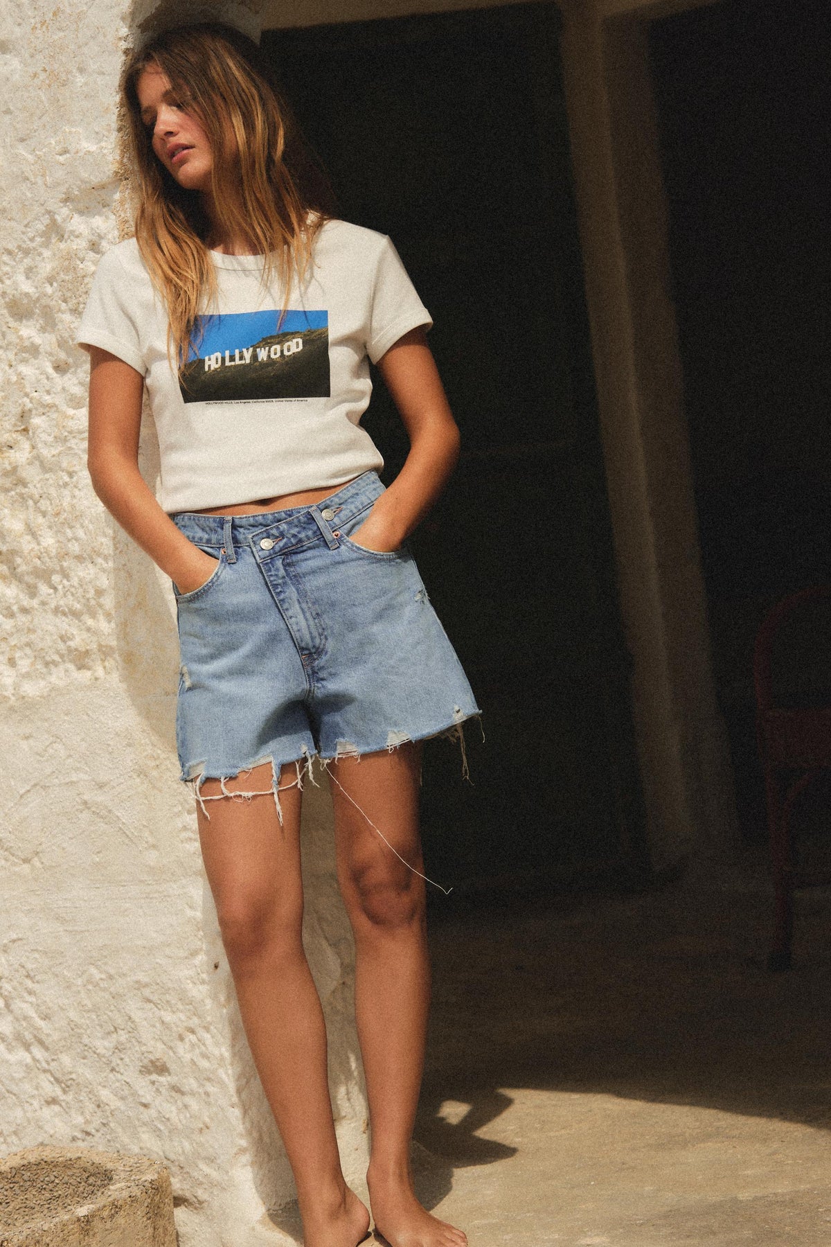 High-waist denim bermuda shorts