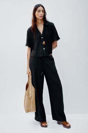 Wide-Leg Elastic Waistband Trousers