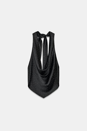RHINESTONE SATIN HALTER TOP