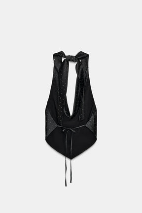 RHINESTONE SATIN HALTER TOP