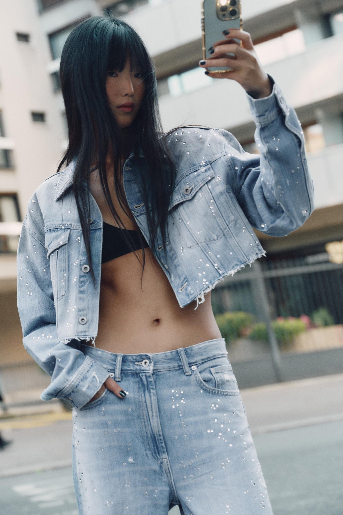 TRF STRASS CROP DENIM JACKET - Image 2