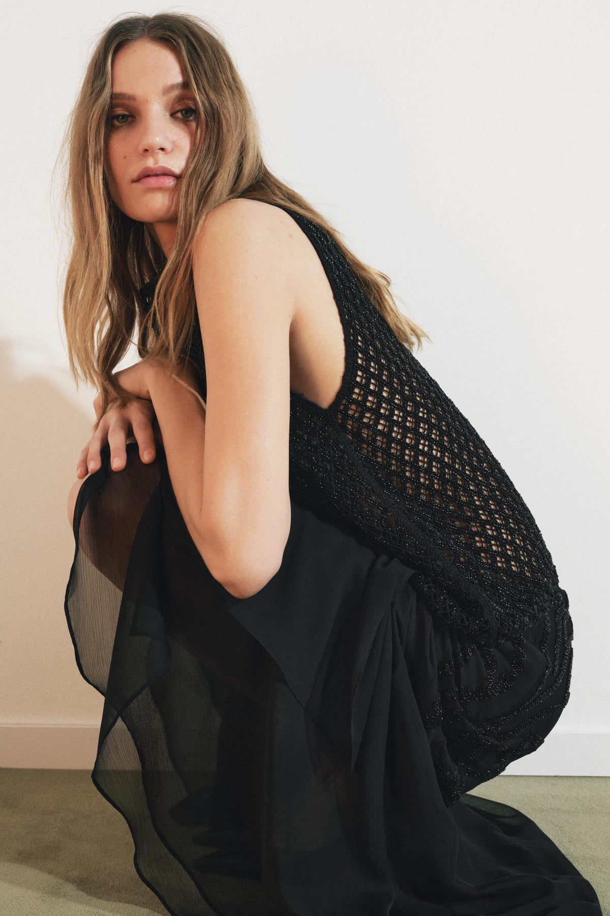 BEADED RUFFLE MIDI SKIRT