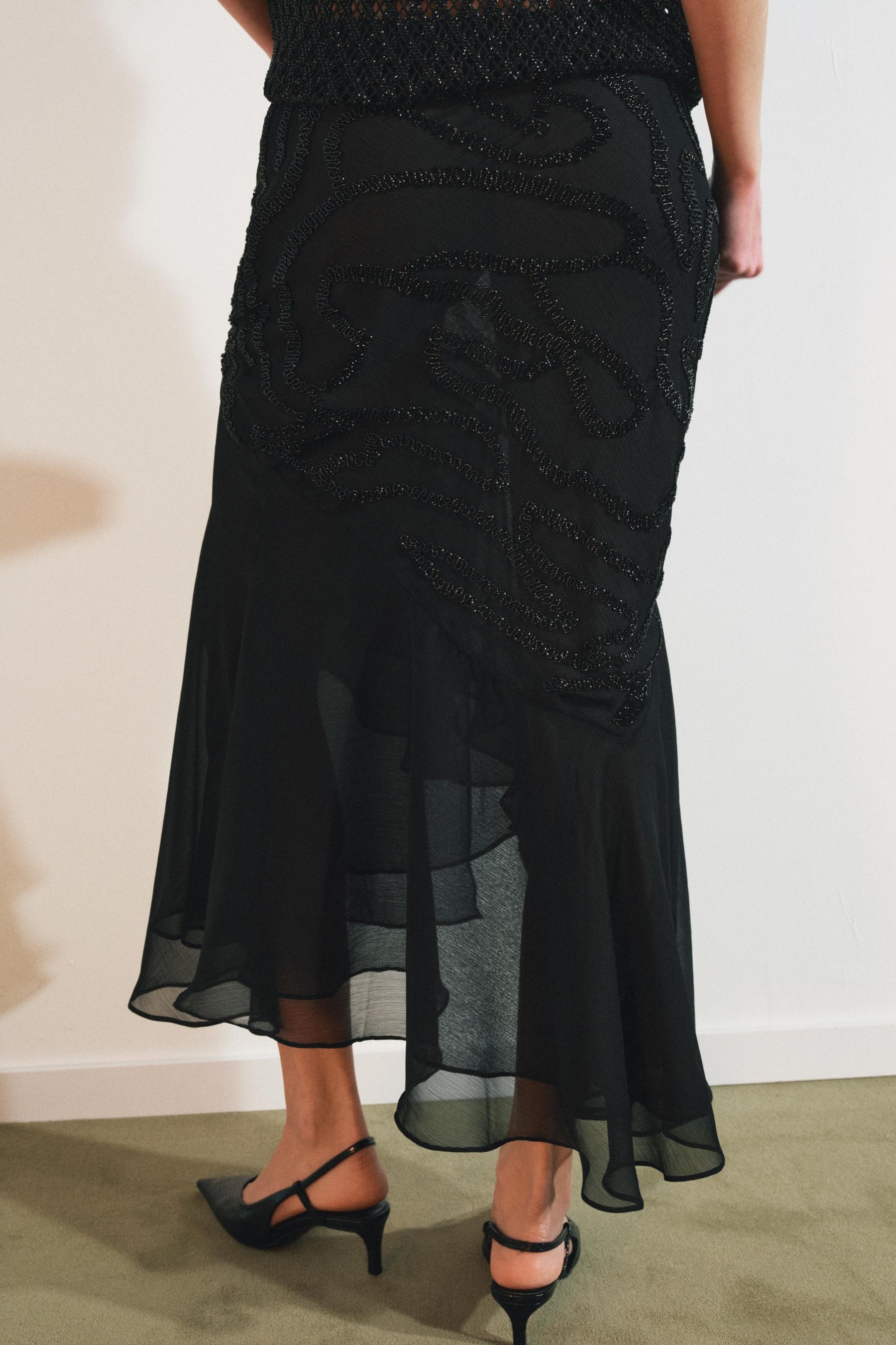 BEADED RUFFLE MIDI SKIRT
