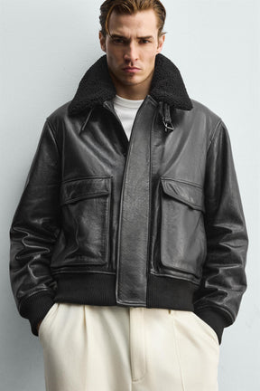 LEATHER JACKET WITH CONTRAST COLLAR - Image 5