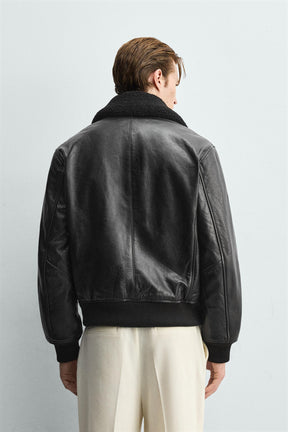 LEATHER JACKET WITH CONTRAST COLLAR - Image 3