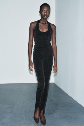 Shiny stretch halter top.
