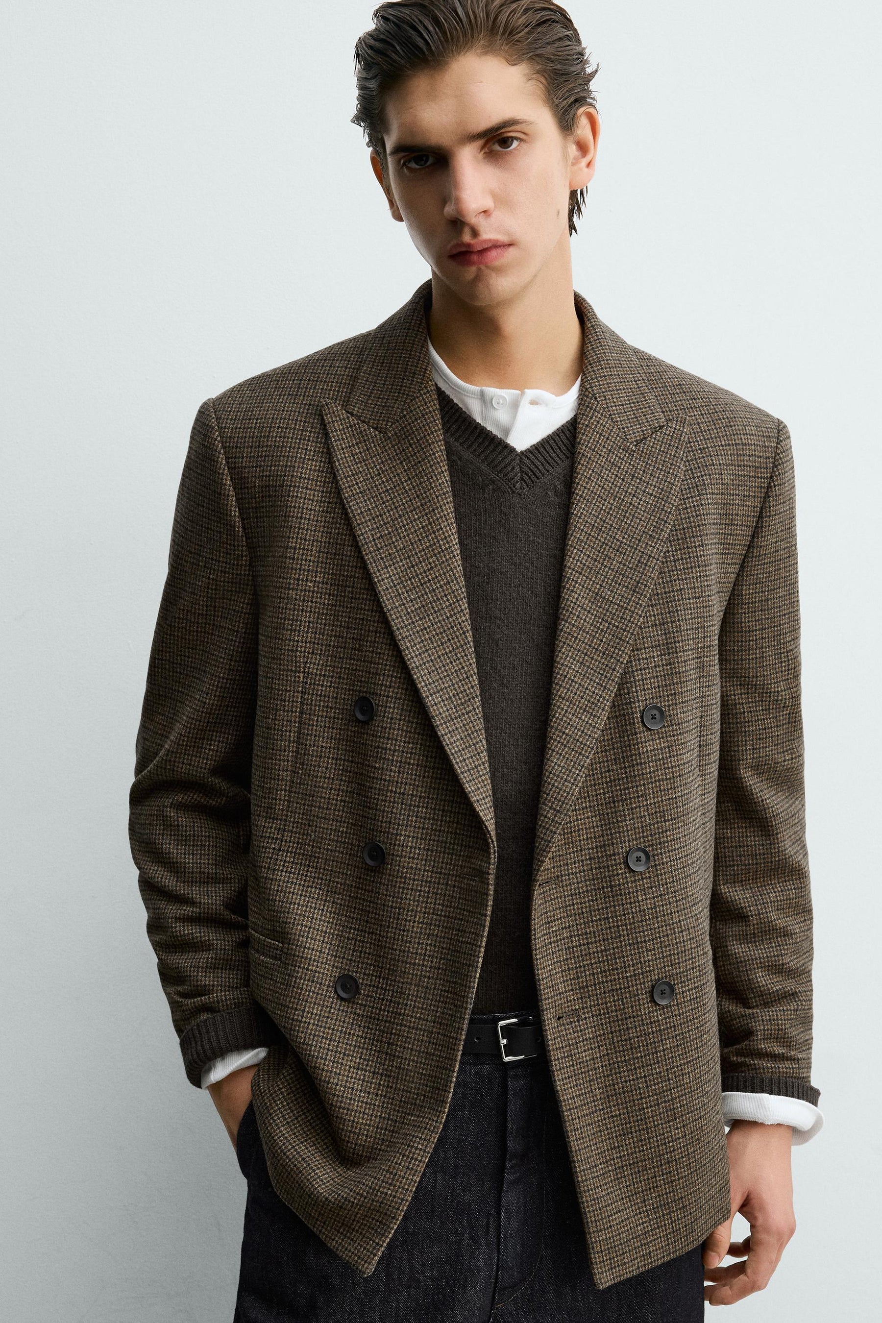 WOOL BLEND CHECK DOUBLE-BREASTED BLAZER - Image 6
