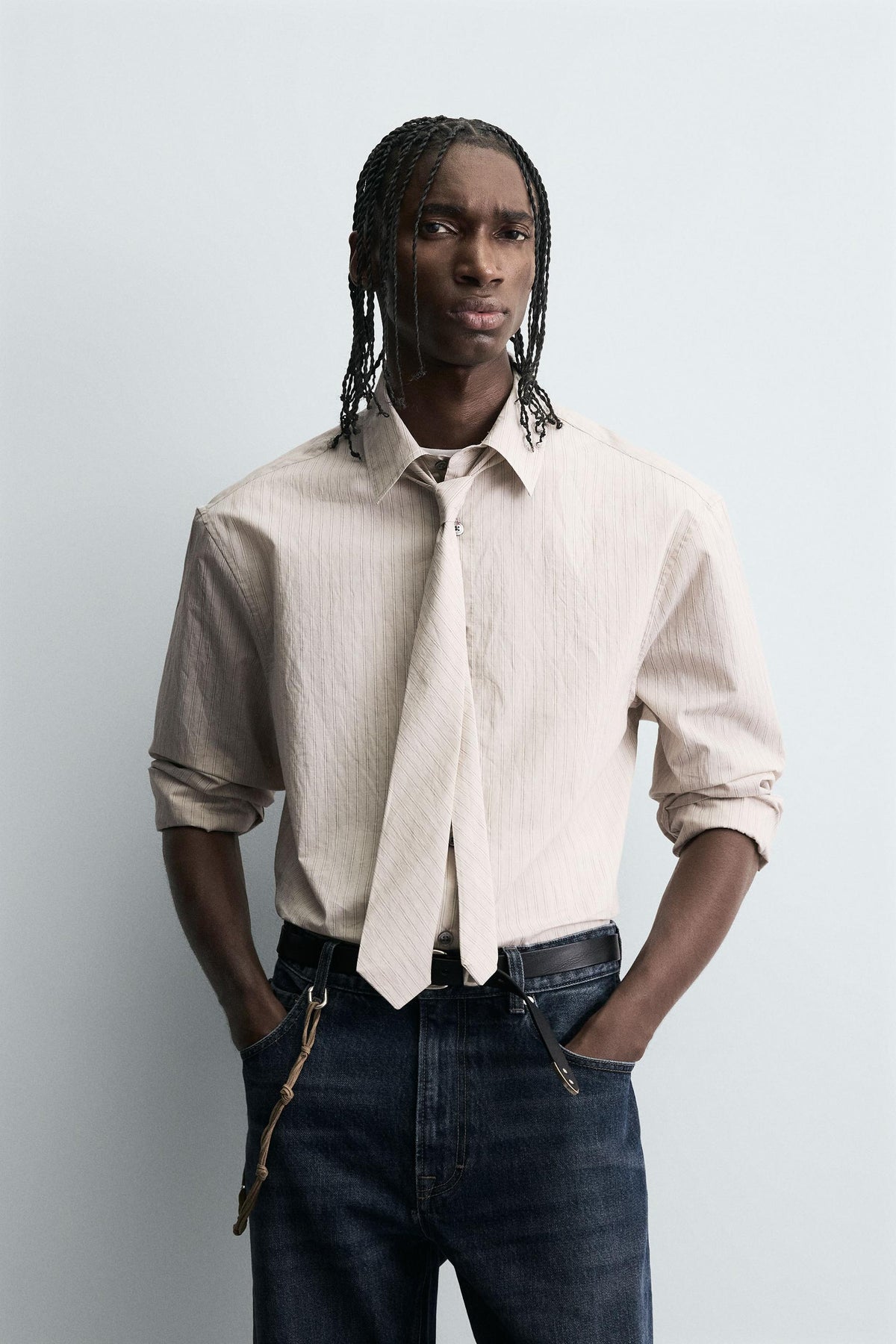 STRIPED SHIRT WITH CONTRAST TIE DETAIL - Image 2