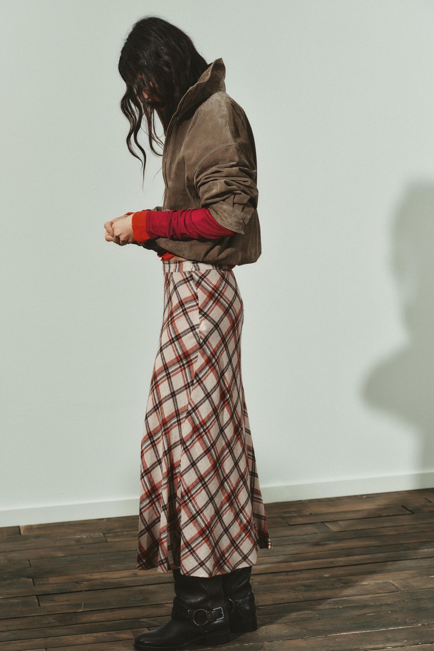CHECKED MIDI SKIRT