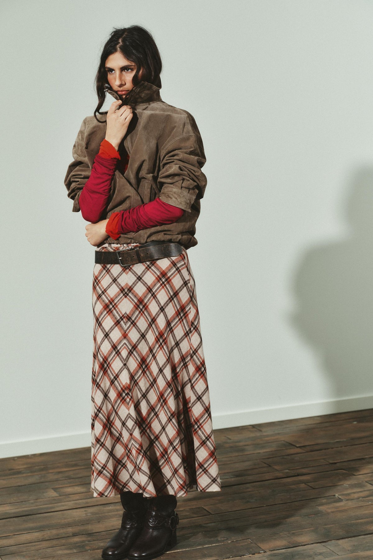 CHECKED MIDI SKIRT