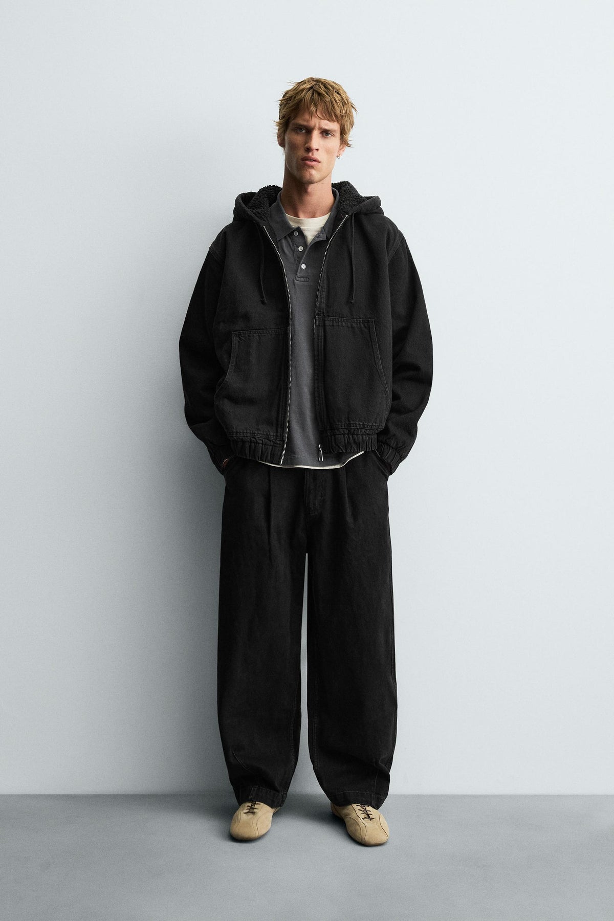 DENIM JACKET WITH FAUX SHEARLING HOODIE - Image 1