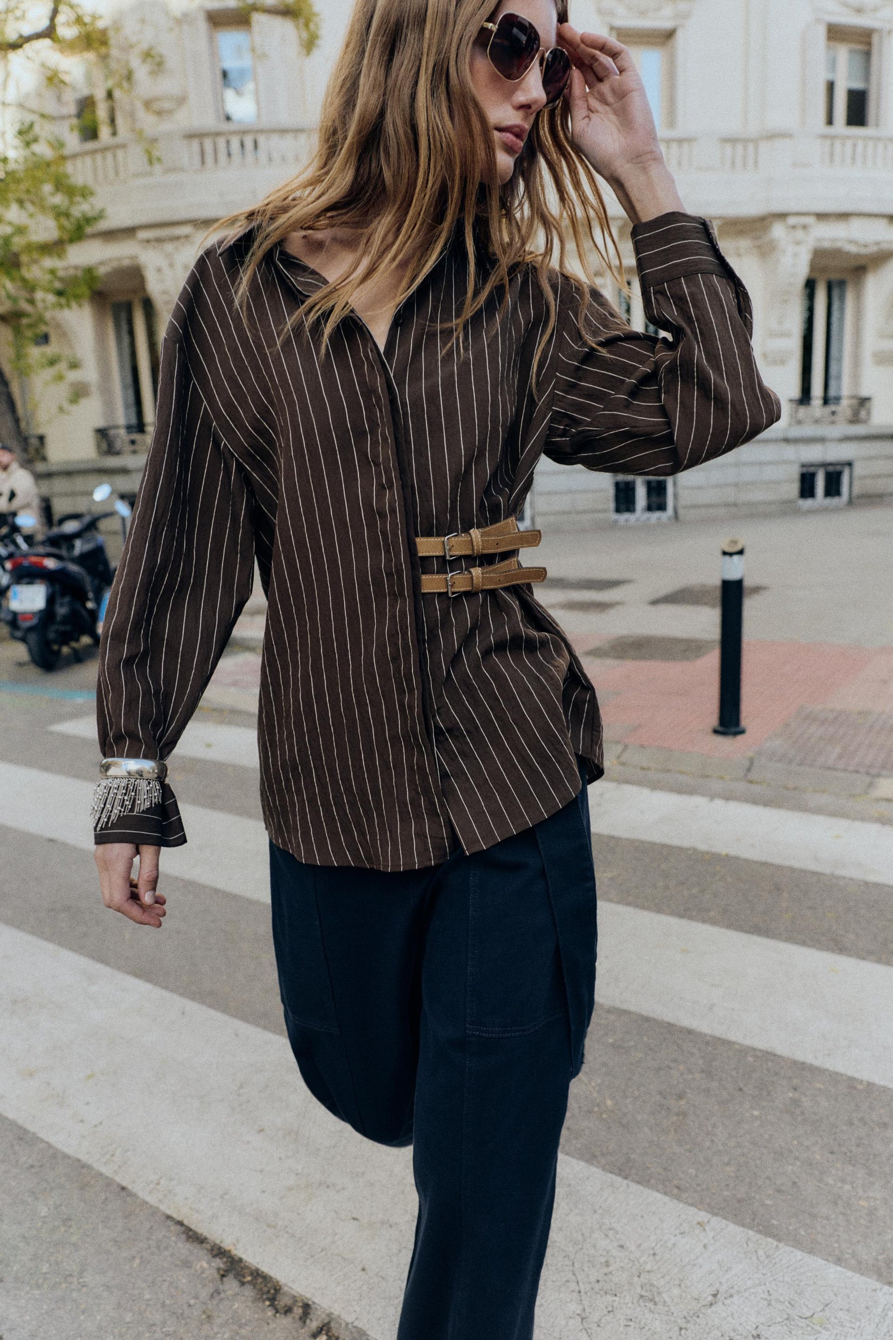 Striped Buckle-Detailed Shirt