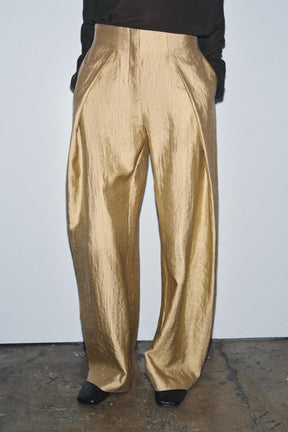 PLEATED METALLIC WIDE-LEG TROUSERS