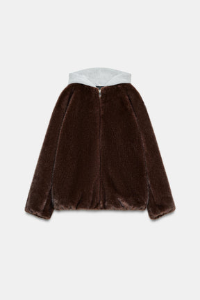 CONTRAST BOMBER JACKET WITH FAUX FUR HOODIE - Image 7