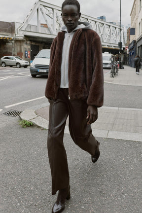 CONTRAST BOMBER JACKET WITH FAUX FUR HOODIE - Image 1