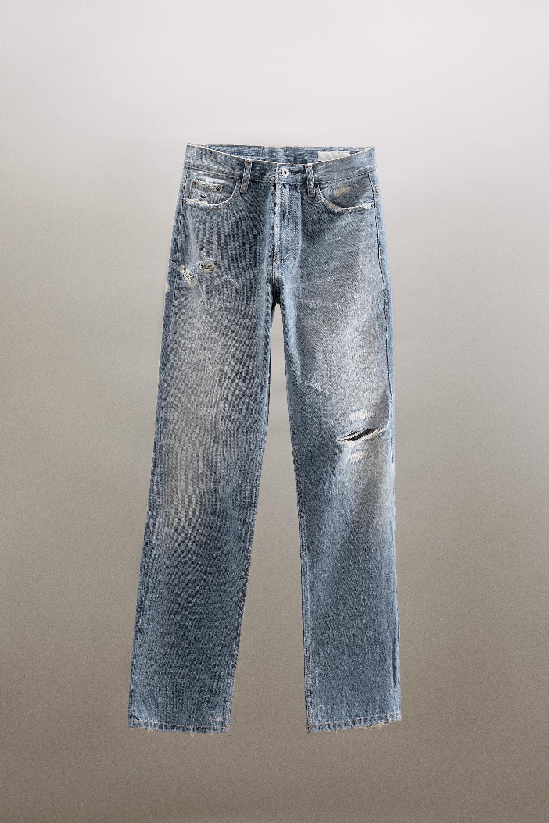 Straight-Leg Mid-Waist Ripped Jeans