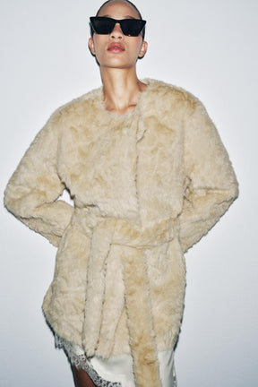 FAUX FUR COAT WITH BELT ZW COLLECTION - Image 2