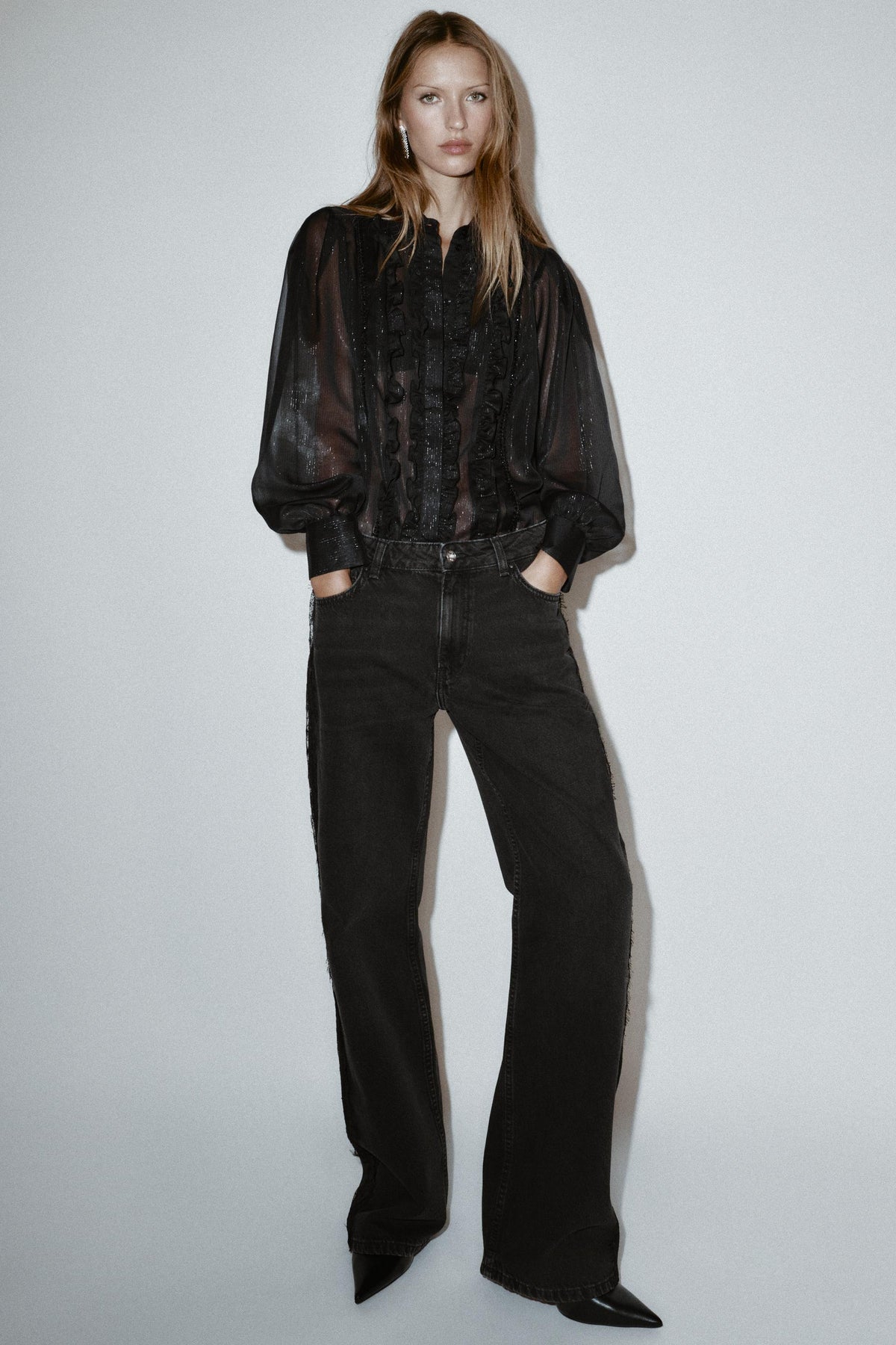 Ruffled Beaded Semi-Sheer Shirt