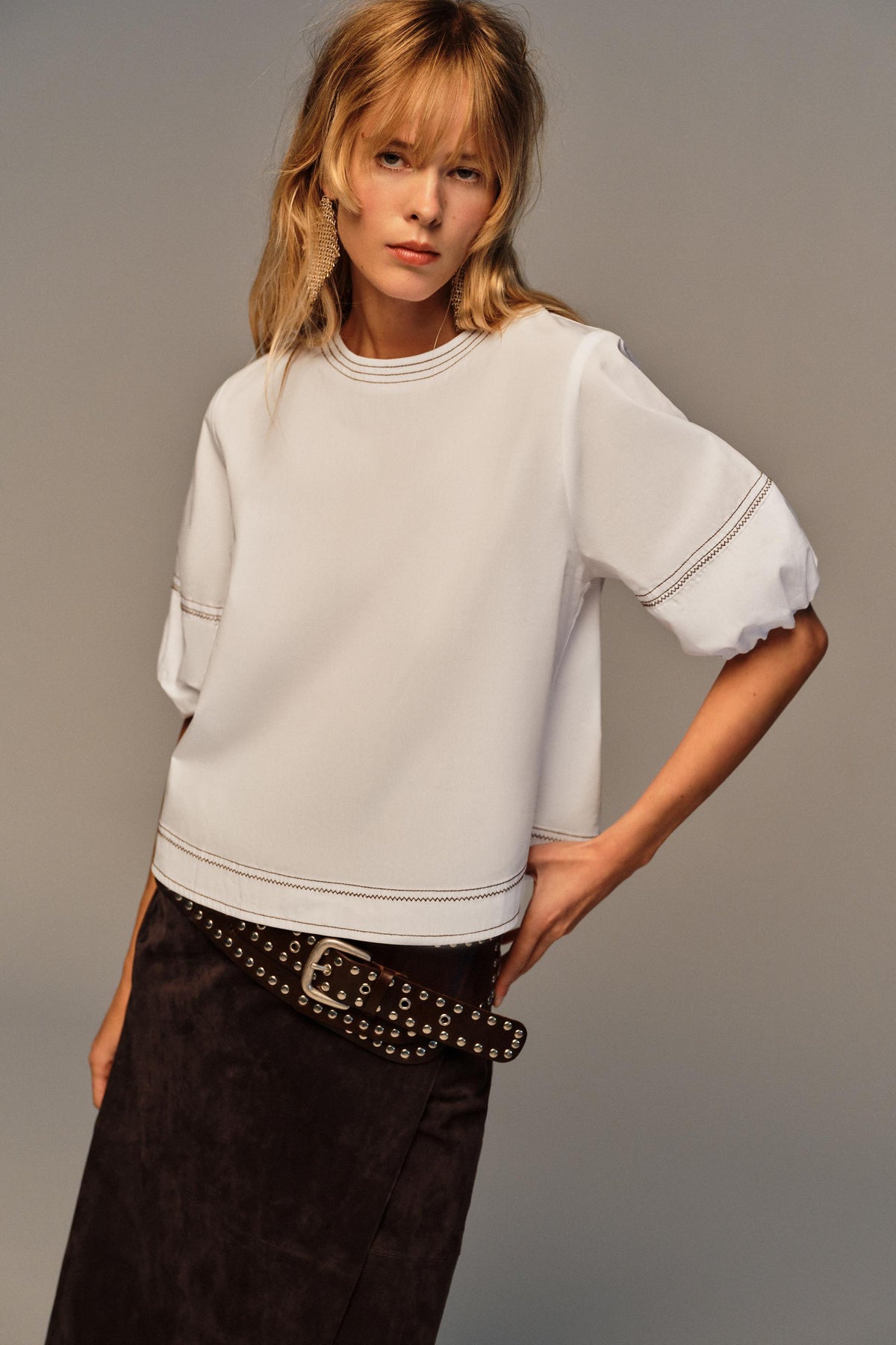 Topstitched Balloon Sleeve Shirt