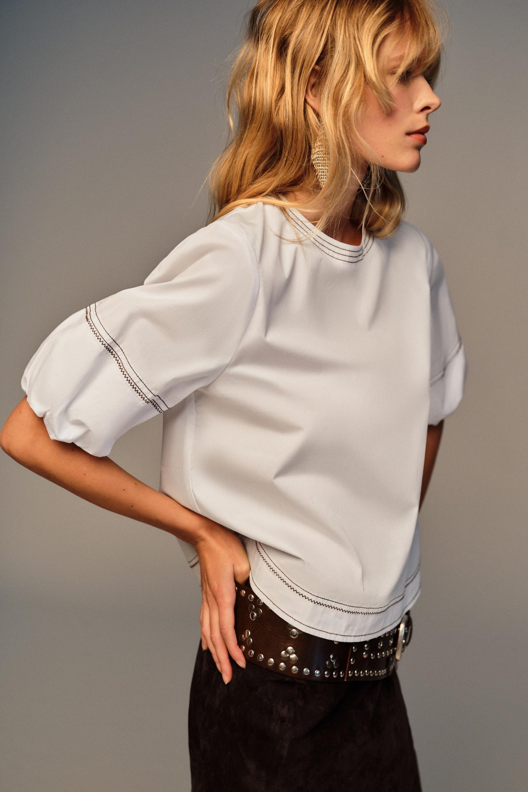Topstitched Balloon Sleeve Shirt