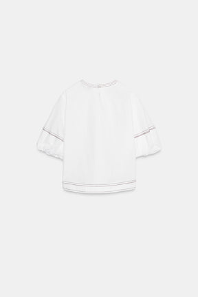 Topstitched Balloon Sleeve Shirt