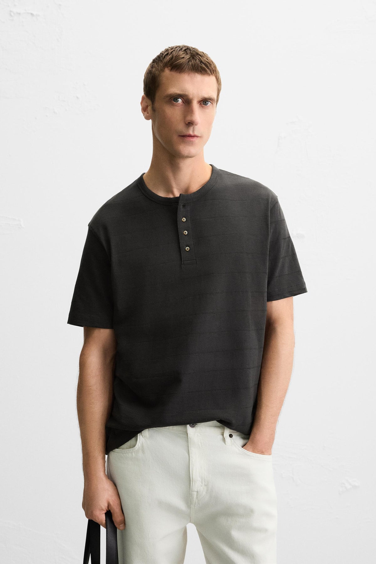STRIPED GRANDAD COLLAR T-SHIRT - Image 2