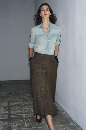Checked wool pleated skirt