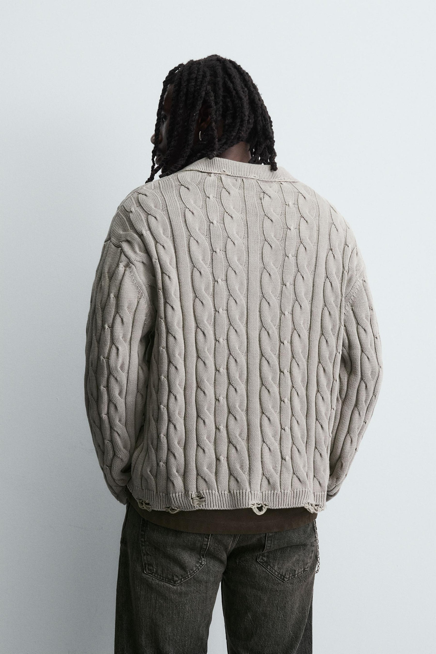 CABLE KNIT POLO SHIRT WITH DISTRESSED EFFECT - Image 3
