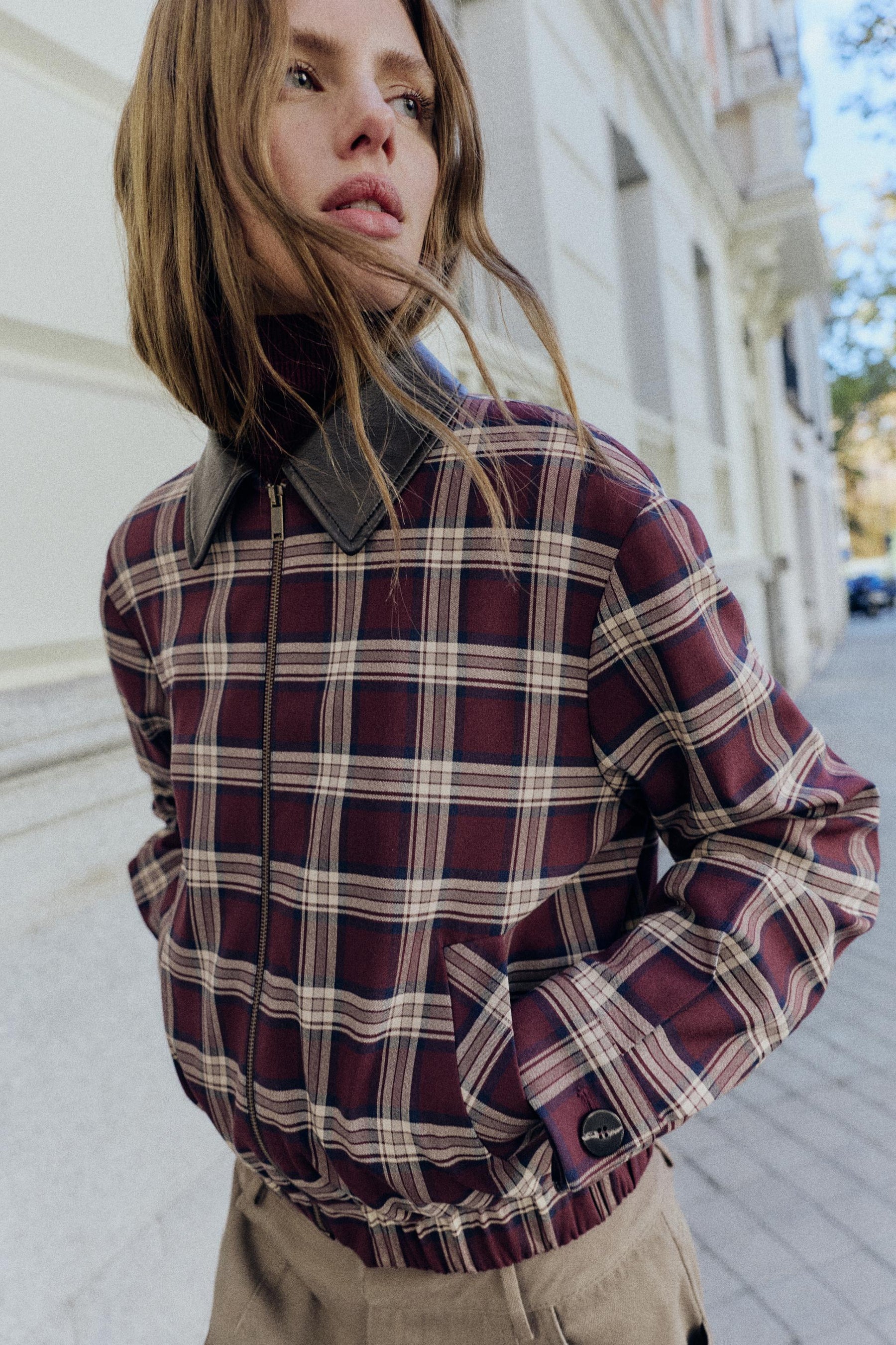 CHECKED BOMBER JACKET WITH leather effect LAPEL - Image 2