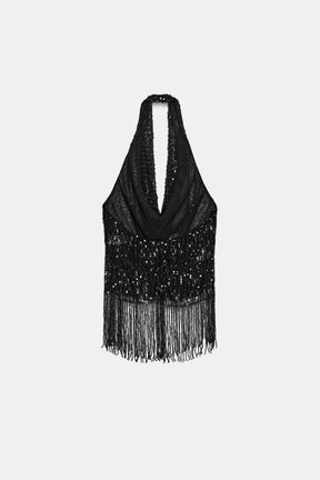 Sequin-Trimmed Halter Neck Top