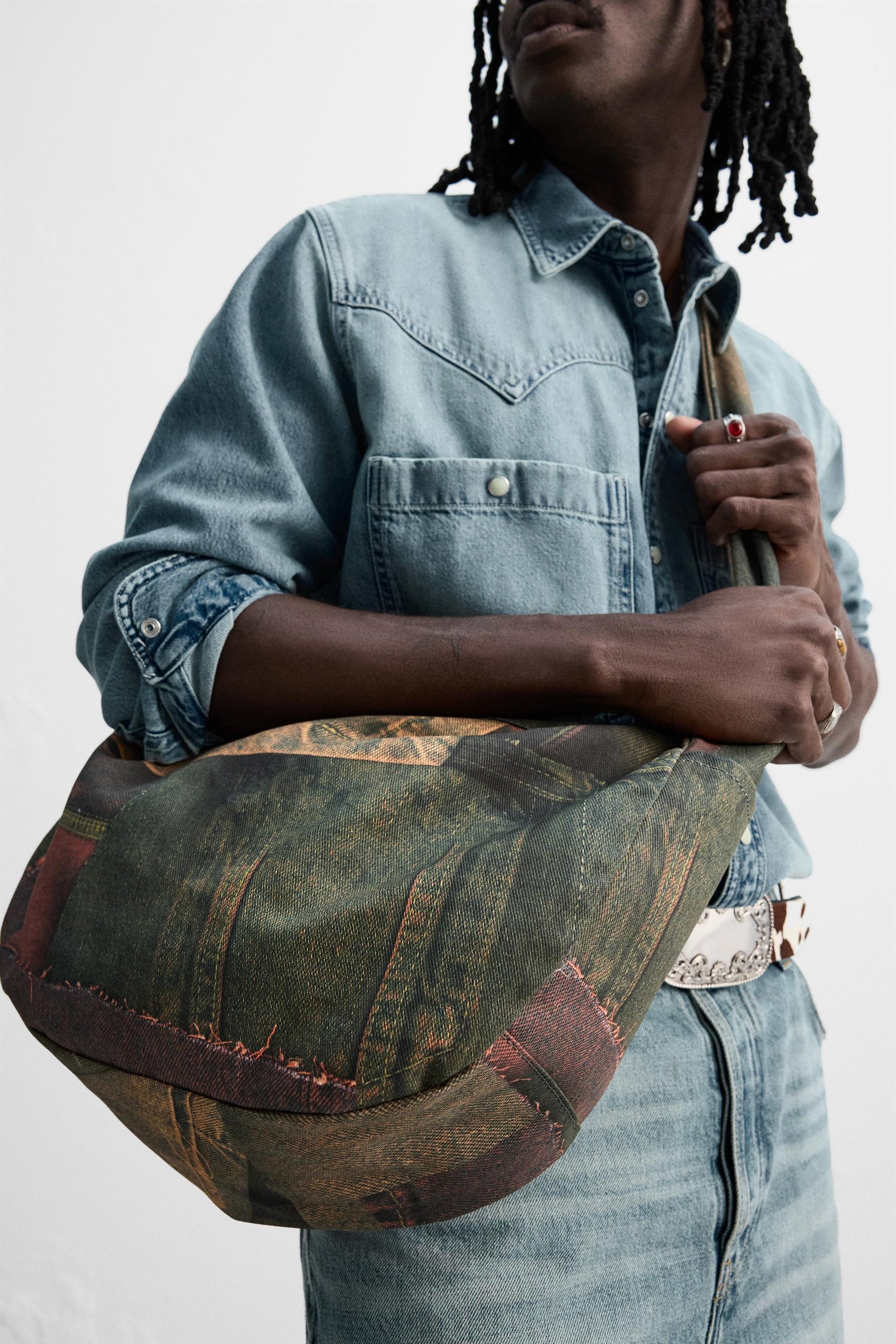 DENIM PRINT SHOULDER BAG - Image 1